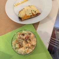 Vegan cheese & apple on toasted campo bread with vegan Ensalada rusa  at Verde Gourmet in Jerez