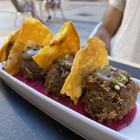 Meri Montaña (albóndigas de setas sobre salsa de remolacha)  at Uh Mami in Zaragoza