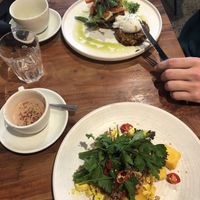 Scrambled tofu and corn fritters  at Little Lotus Cafe in Hobart