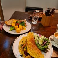 Omlet and tofu scramble with polenta croutons and additional toast (+2.5) at Little Lotus Cafe in Hobart