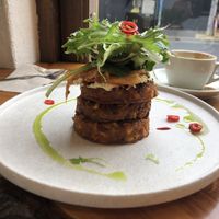 Okonomayaki corn fritters w/ kimchi  at Little Lotus Cafe in Hobart