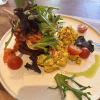 Okonomiyaki corn fritters with side scrambled tofuu  at Little Lotus Cafe in Hobart