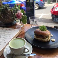 Matcha latte and caraway seeds bagel😊 at Little Lotus Cafe in Hobart
