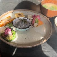 Miso soup, rice, jelly tofu, stuffed bell pepper (with some form of cheese), picked vegetables   at Lorimer in Kyoto