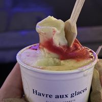 Lemon, pear, raspberry sorbet   at Havre aux Glaces in Montreal