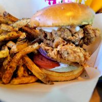 Classic chik'em sandwich (oyster mushroom) with fries at Vegan Food House in Dallas