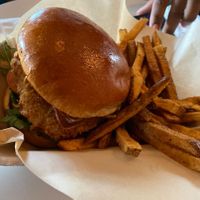 Chicken Fried Seitan Bacon Club Sandwich with fries   at Vegan Food House in Dallas