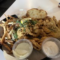 Big Creole Basket With Fried Oyster Mushrooms, Fried Shrimp, Enoki Mushroom, Boudin Ball, Garlic Toast & Fries   at Vegan Food House in Dallas