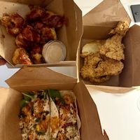 Cauli wings, fried oyster, shrimp tacos  at Vegan Food House in Dallas