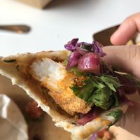 Got the 4 fried swimp tacos! The texture was very close to shrimp. They were seasoned to perfection and came with a side of fries. at Vegan Food House in Dallas