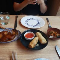 Spiced pineapple, spring rolls, green been/coconut salad at Mama Makan in Amsterdam