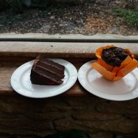 Giant (5 inch high) choc orange muffin plus big slab (also GF) chocolate raspberry cake at St John's Garden Centre in Barnstaple