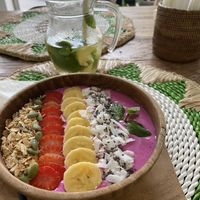 Pink pitaya smoothie bowl   at Pumpkin and Beetroot in Ubud