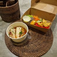 Tofu starter and protein bowl takeaway at Pumpkin and Beetroot in Ubud