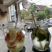 Strawberry infused and cucumber infused waters  at Pumpkin and Beetroot in Ubud