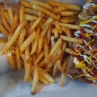 Vegan hot dog with fries at V Temple Bar in Dublin