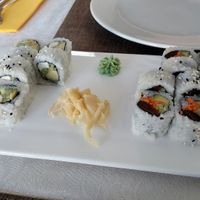 Left: sushi with fried tofu and vegetables, right: sushi with mushrooms and other vegetables. at Kitajski Dvor in Celje