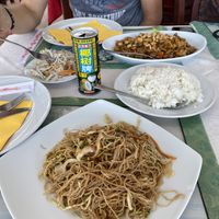 Chinese noodles with veggies (you have to say no egg) & fried tofu dish with rice & coconut milk drink at Kitajski Dvor in Celje