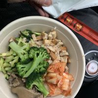 Bibimbap bowl with broccoli, zucchini, tofu, kimchi, vegan chicken and shiitake mushrooms!  at K Fresh in Everett
