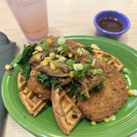 Chicken and waffles with a lavender lemonade   at Native Foods in Palm Springs