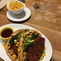 Chicken and Waffles, Mac and cheese, small bite of s’mores cookie left   at Native Foods in Palm Springs