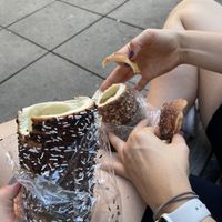 Double chocolate and walnut chimney cake at Kurtoskalacs The Chimney Cake Shop in Budapest