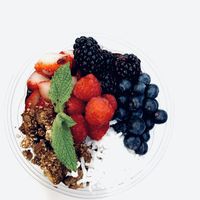 The “Maqui” bowl. The Maqui berry has more antioxidants then the açaí berry. This smoothie bowl is topped with fresh fruit, granola and coconut flakes.  at MIGHTY LOVE FOOD in Boston