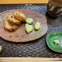 Raw fu and broad bean tempura. at Zicon in Hiroshima