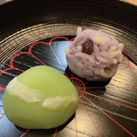 Traditional Japanese desserts. The yuzu dessert resembles a mountain, while the adzuki dessert resembles a flower. at Zicon in Hiroshima