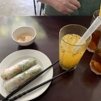 Iced tea, passion fruit juice and spring rolls  at Loving Vegan in Da Nang
