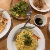 L to R: chilli cheeze fries, special linguine, salad, crispy dumplings  at Loving Vegan in Da Nang