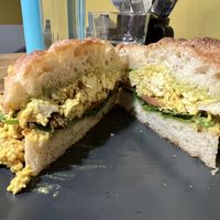 Scrambled tofu on focaccia   at Green Earth in Bedford