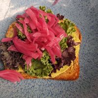 Avocado toast with pickled onions at Franco in San Jose