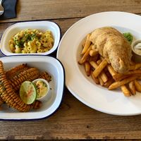 Vish & Chips, mac n cheese & corn ribs  at Tansy's Pantry in Godshill