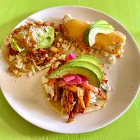 Taste of Yucatán sampler: Longaniza con Papa taco, Jackfruit Cochinita tamale, and Panucho taco  at Hijo De Su Madre in Los Angeles