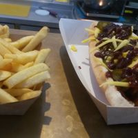 Naughty dog and fries at Soul Shack Vegan Grill in Newcastle Upon Tyne