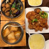 Tofu & eggplant, spicy tofu, sweet & sour chicken and porridge  at Vege Valley Restaurant in San Gabriel