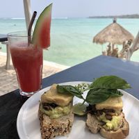 Watermelon juice, avocado toast with mushroom and tofu at The Sand in Lembongan
