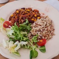 Daily meal (rice with lentils/black bean curry) at Super Donkey in Belgrade
