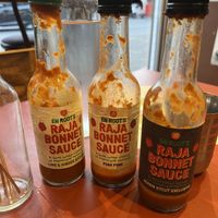 The three hot sauces they do. Not at all hot and probably made for the English palate. Hope they make a hotter version some day!  at En Root in South West London