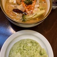 Vegetable Curry with Tofu and whole grain green rice   at Kin + Deum in South East London