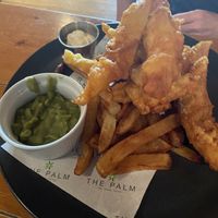 Banana blossom fish, homemade chips and mushy peas.   at The Palm in Sunderland
