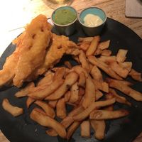 Banana blossom ‘fish’ and chips with vegan tartar sauce and mushy peas at The Palm in Sunderland