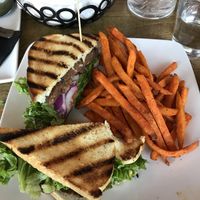 Vegan black bean burger on Sourdough with Sweet Potato Fries at The McMillan Bar and Kitchen in Flagstaff