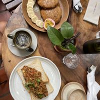 Scrambled tofu with refried beans, and pancakes    at Bong Bonlai at YK Art House in Phnom Penh
