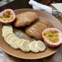 Pancakes with banana and passion fruit    at Bong Bonlai at YK Art House in Phnom Penh