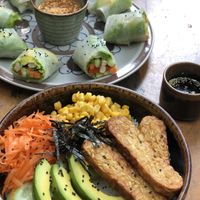 Spring rolls and poke bowl  at Bong Bonlai at YK Art House in Phnom Penh