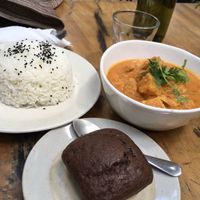 Tofu and pumpkin amok and the daily cupcake was chocolate  at Bong Bonlai at YK Art House in Phnom Penh