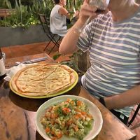 Pizza and eggplant saladd  at Bong Bonlai at YK Art House in Phnom Penh