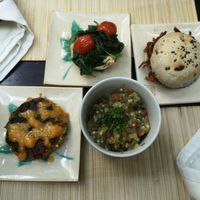 Keftede with Mango Sauce, Smoked Eggplant Salad, Spinach and Tomato on English Muffin, Pulled Jackfruit Slider at Bong Bonlai at YK Art House in Phnom Penh